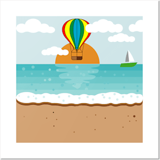 flying hot air balloon at the beach Posters and Art